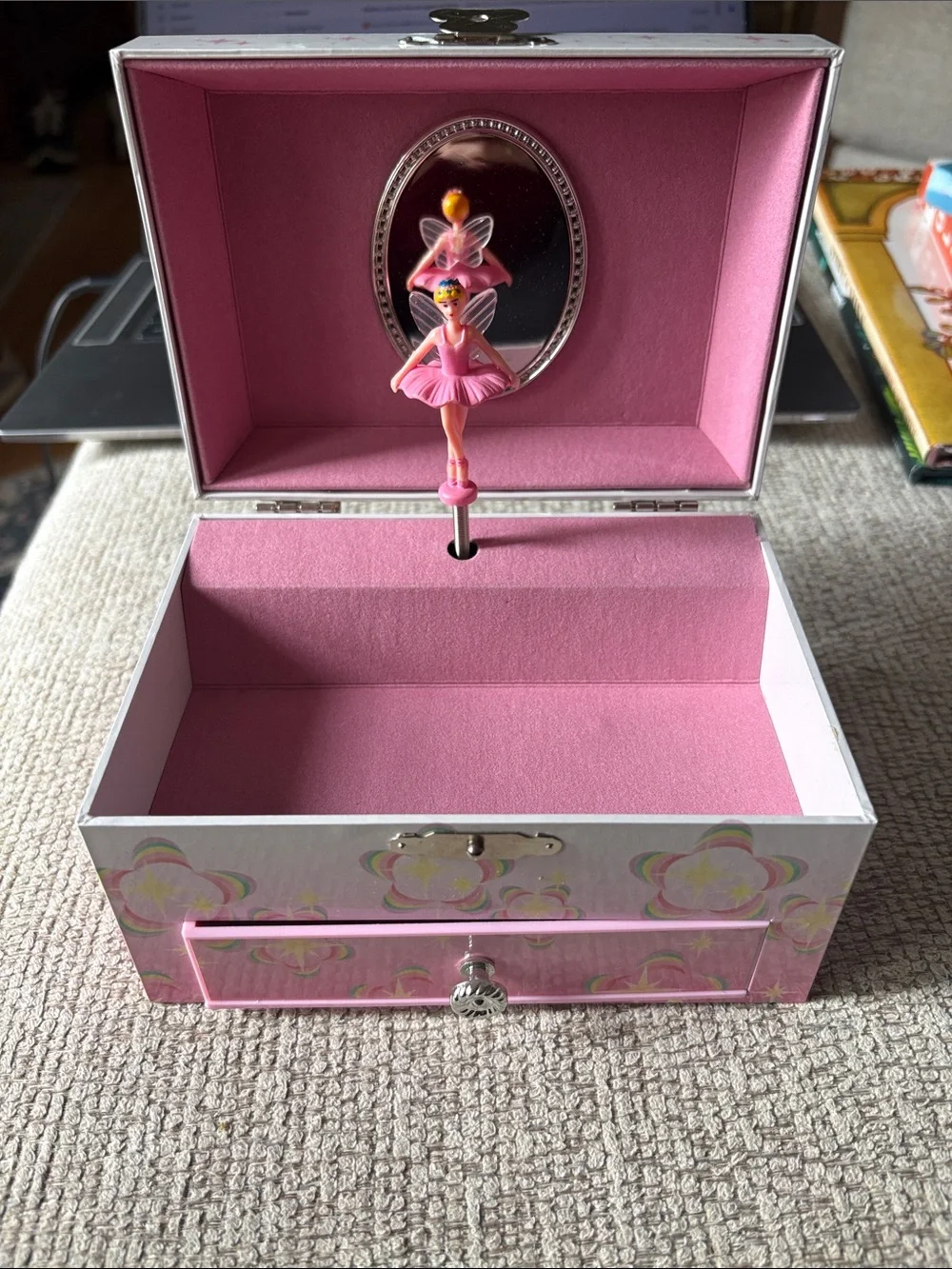 Pink Floral Music Jewelry Box with Fairy Design